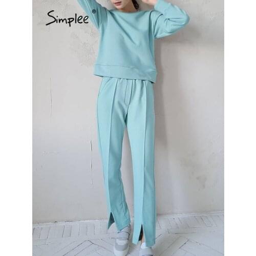 Simplee Casual o-neck pleated women tracksuit autumn blue Elastic waist long sleeves solid two pieces set Female split pant sets