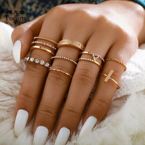 Tocona Bohemian 8pcs/sets Shiny Crystal Stone Gold Rings for Women Men Hollow Geometric Party Jewelry Gift Wholesale 9082