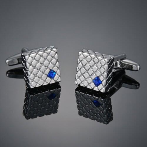 1 Pair High Quality Trendy Silver Color Square Cufflinks Classic Men Luxury Blue Crystal Grid Cuff Links French Shirt Cufflink