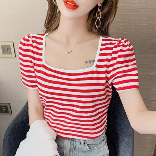 2021 Korean Summer Womens T-shirt Tops Short Puff Sleeve Top Striped Tee Shirt Femme Square Collar Street Casual Tees
