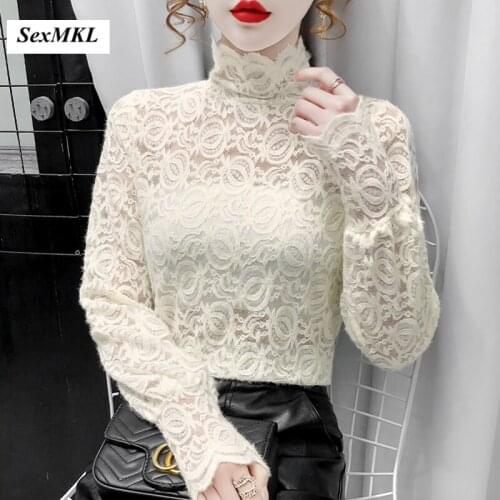Women Sexy Hollow Out Lace Blouses 2021 Spring Summer Casual Long Sleeve Black Tops Fashion Korean Clothes Basic Camisas Mujer