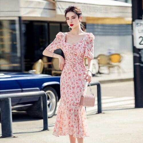 Fashion Design 2021 Women Summer New Short Sleeve Printed V Neck Beading Ruffles Mermaid Elegant Slim Long Party Dresses