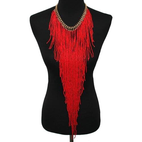 UKEN Bohemian Style Women Fashion Handmade Resin Bead Long Tassel Link Chain Charm Statement Choker Necklace Jewelry