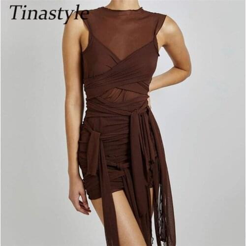 Tinastyle See Through Sexy Mesh Summer Dresses for women 2020 Sleeveless Drawstring Mini Dress Solid Bodycon Female Vestidos