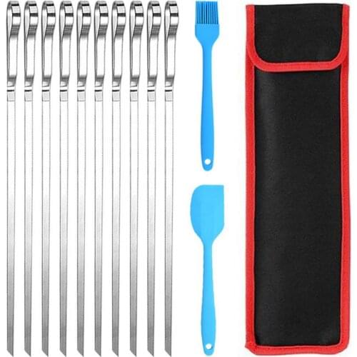 10Pcs Stainless Steel BBQ Skewers Set With Brush Skewers For Barbecue Reusable Grill BBQ Camping Forks Outdoor Grill Accessories