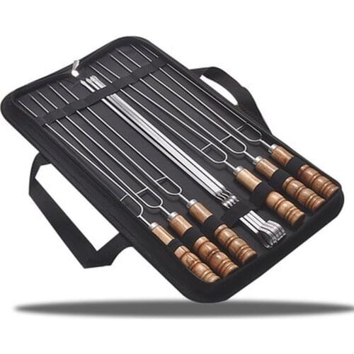 10PCS/Set Stainless Steel Barbecue Skewers BBQ Needle/Sticks Fork Set Picnic Tools Long Wood Handle BBQ Grills Accessories