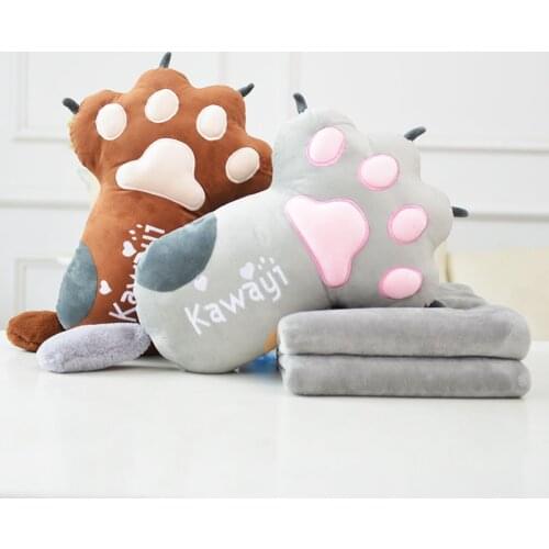 2 In 1 Pillow Blanket Cat Paw Shape Pink Gray Brown Sofa Pillow Office Seat Cushion Sheet Nap Pillow Lunch Break Travel Blanket