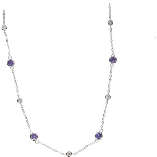 2017 new fashion women AAAA cubic zirconia clear cz with purple cz station necklace,silver color chain necklace