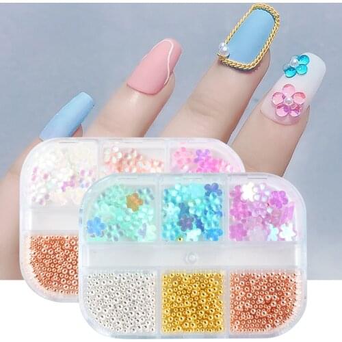 6 Grid Five Petal Flower Nail Art Rhinestones Candy Color Resin Pearl Crystal Caviar Beads Jewelry Acrylic Decor Manicure TR1937