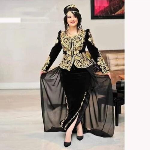 Algerian outfits Karakou Prom Dresses 2021 Black Gold Long Sleeve Peplum Kosovo Albanina lace applique evening gown Vestidos De