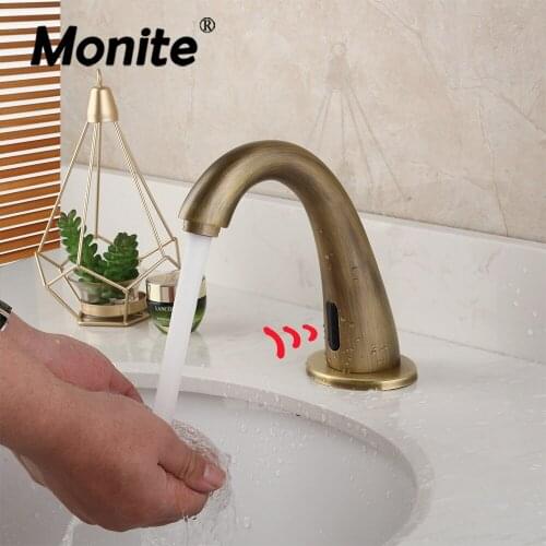 Monite Antique Brass Bathroom Automatic Touch Free Sensor Faucet Brass Water Saving Inductive Electric Power Mixer Tap Faucet