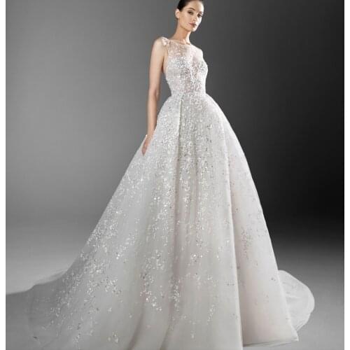 Bling Sequined Wedding Dresses Lace A Line Sweep Train Vestido De Noiva Illusion Custom Made Country Bridal Gowns