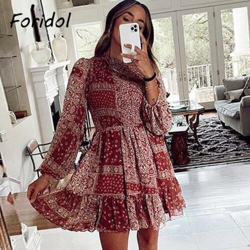 Foridol Floral Print Long Sleeve Spring Autumn Chiffon Dress Women O-neck Australia Beach Short Dress Vintage Boho Mini Dress