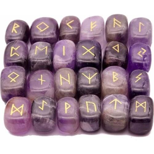 KFT Natural Stones Carve Viking Rune Amulet Set Reiki Runic Alphabet Healing Crystal Quartz Divination Stone Jewelry 25Pcs/Set