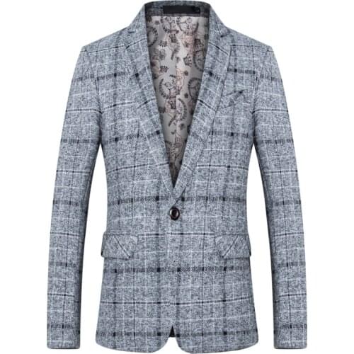 Plaid Men Blazers Korean Fashion Casual Business Single-Button Slim Fit 4XL Gray Suits Blazers Event Meeting Jackets Men