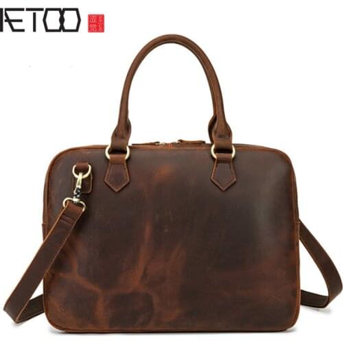 AETOO Leather briefcase, mens first layer leather handbag, computer bag, retro leather messenger bag