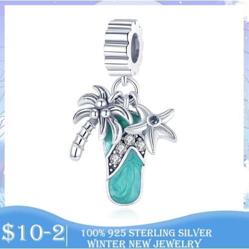 Summer Coconut Tree Pendant 925 Sterling Silver Palm Tree Starfish Dangle Charm fit Original Beads Bracelet Necklace Jewelry