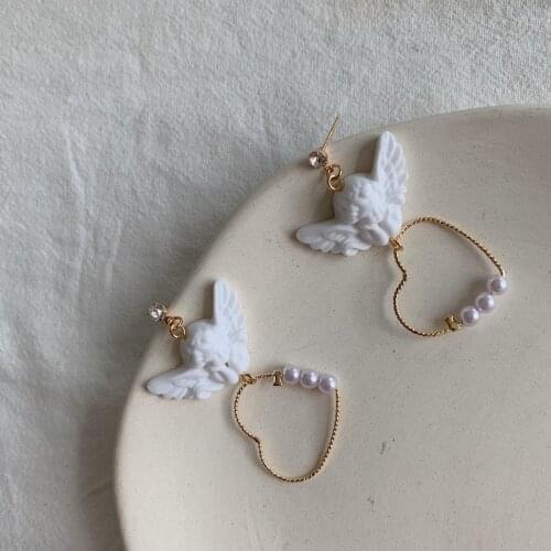 Minar Harajuku Cartoon Cupid Angel Pendant Earrings Gold Color Metal Pearl Love Heart Hanging Earrings Jewelry for Cool Women