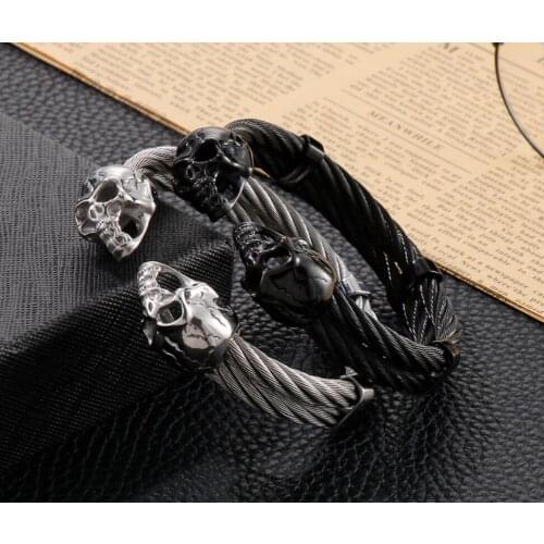 Punk Mens Double Skull End Wire Chain Bangle Cuff Mens Stainless Steel Bracelet 65mm Inner Silver/ Black