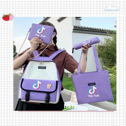 TIK TOK 4 Pcs Set Women Laptop Backpack Canvas School Bags For Teenage Girls Boys Kawaii College Students Kids Book Bag Rucksack