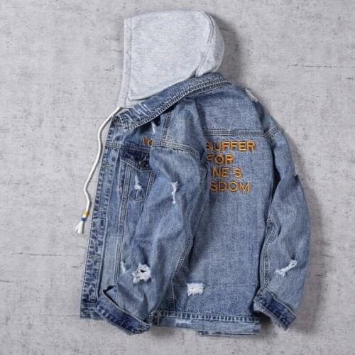 2021 New Cotton Denim Jacket Men Autumn and Winter Mens Denim Jacket Ripped Jacket Loose Hooded Jacket Jacket Men High Quality
