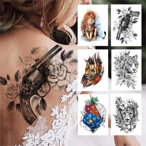 Gun Flower Temporary Tattoo For Women Men Adult Kids Cat Lion Tiger Tattoos Sticker Lace Body Art High Quality Fake Tatoos