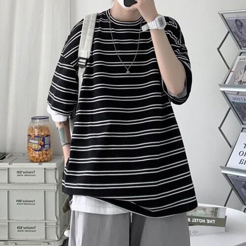 Casual Striped Short Sleeve T-shirt Summer Sports Loose O-neck Bottoming Shirt Male Clothes Trend All-match Student Shirt M-3XL