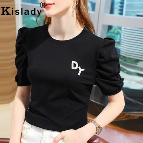 2021 Spring Summer Sexy OL O-Neck Gothic Shirts High Street Elegant Puff Sleeve Shirts Korean Tops Character Embroidery Clothes