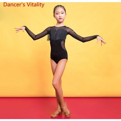 Latin Dance Practice Clothes Female Children Autumn V-neck Long Sleeved Body Suit Dance Performance Training Clothing