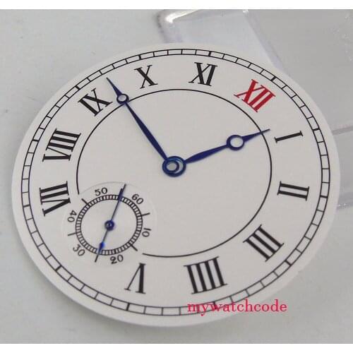 38-9mm-white-dial-Roman-numeral-mark-fit-ETA-6498-mens-watch-Dial-blue-hands