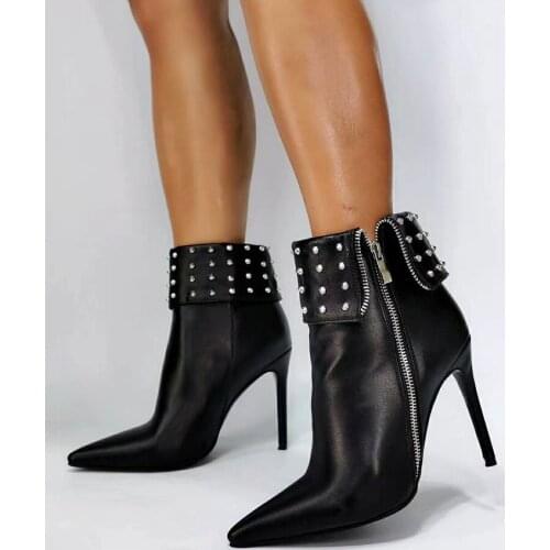 Sexy Lady Rivets Studs Collar Down Ankle Boots Gladiator Side Zipper Thin High Metal Spikes Party Boots Woman Motorcycle Boots