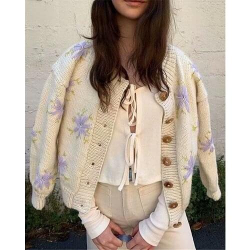 TEELYNN Long Sleeve Beige Sweater Cardigan Floral Hand Embroidery Knitted Spring/Autumn Fall Sweaters For Women Boho Pull Jumper