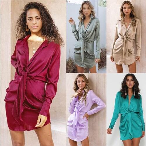 Fashion Sexy V-Neck Women Shirt Dress Ladies Female Elegant Long Sleeve Artificial Silk Spring Summer Mini Short Dresses