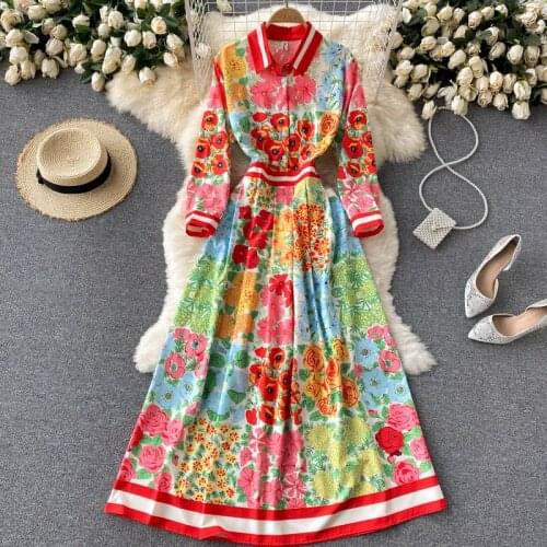Celebrity Vintage Fashion Runway Dress Summer Autumn Women Single Breasted Floral Print Long Sleeve Maxi Shirt Dresses Female
