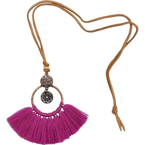 Bohemian Geometry Cotton Thread Tassel Pendant Necklaces for Women Pink Ethnic Sweater Chain Fringed Necklace Tribal Jewelry