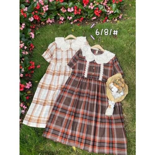 2021 New Summer Women Plaid Dress Mori Girl Embroidered Peter Pan Collar Cotton linen Short Sleeve Dress