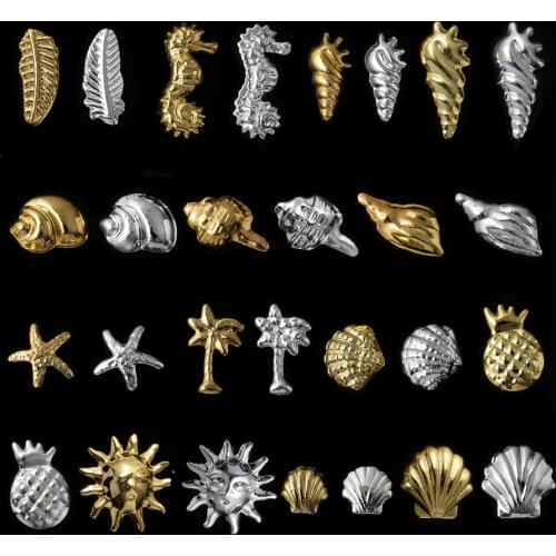 100PCS Ocean Seashell Starfish Feather 3d metal gold silver nail art decoration tips DIY Manicure Metallic Studs Rivets