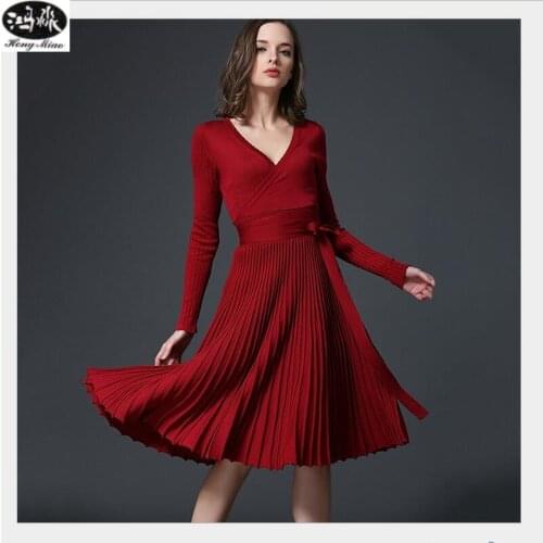 2019 Autumn New Sexy Long-sleeved V-neck Dress Women Knee-Length Elegant Bow Waist Fold Pleated Knit Office Dress Party Vestido