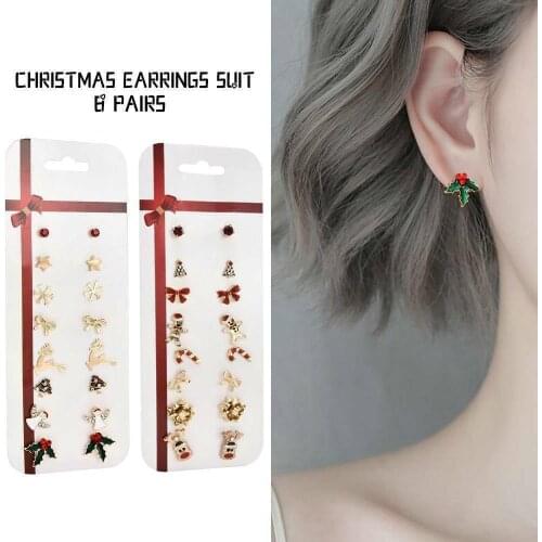 8 Pairs Stud Earrings Set Crystal Jewelry Christmas Tree Elk Snowman Deer Xmas Ornanment Ear Studs Women Gifts