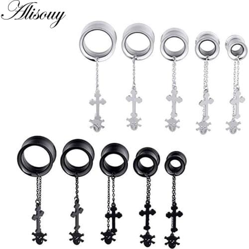 Alisouy 2pcs oreja Piercing Stainless Steel Cross Skull Chain Pendant Ear Tunnel Ear Expander Black Ear Stretchers Tunnels