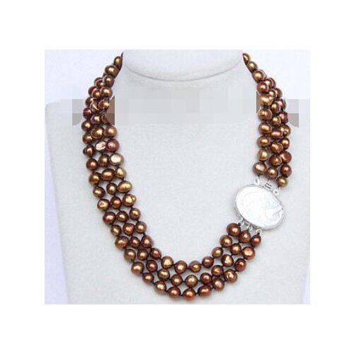 Baroque 16"-18" 3row 8-9mm coffee pearls necklace seashell clasp