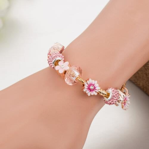 ANNAPAER 2020 Pink Flower Daisy Charm Beads Bracelets Bangles For Women Fit Original Bracelet For Girls DIY Jewelry Gift B20005