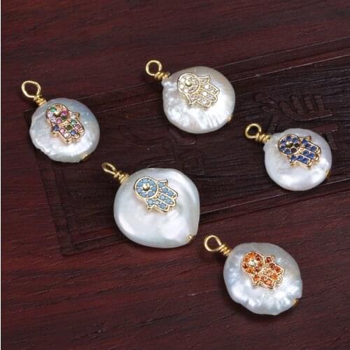 Cz gold tiny evil eye Fatimas hand hamsa protection charms freshwater pearl pendant bead charm for choker earring jewelry DIY