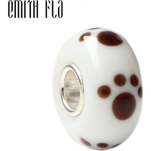 Emith Fla 100% 925 Sterling Silver Large Hole Dog Footprint Murano Glass European Charm Beads Fit Brand Bracelet Jewelry
