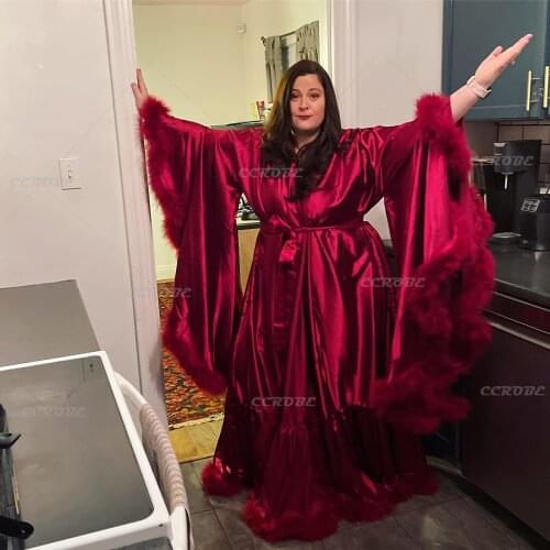 Robe for Women Sexy Feather Robes Bridal Lingerie Sleepwear Maxi Wedding Dressing Gown Flare Sleeves Pregnancy Photo Shoot Dress