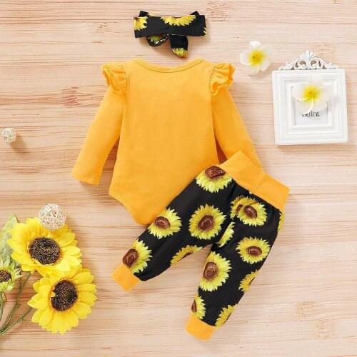 3 Pieces Infant Newborn Baby Girls Suit Set Color Sunflower Top+ Sleeve Headband Shirt Trousers+ Neck Long Print Roun C3C9