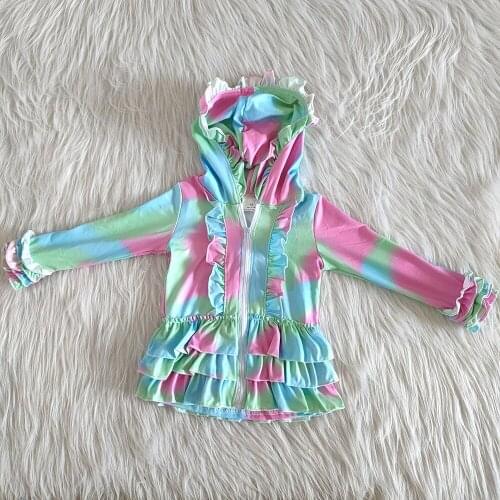 Fashion children fall long sleeve jacket girl Tie-Dye design clothes baby girls cute ruffle coat with zipper