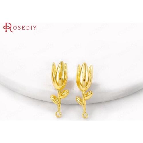 40580)6PCS 23x7MMM Hole 1MM 24K Gold Color Brass Tulip Flower Charms Pendants Jewelry Making Supplies Diy Findings Accessories