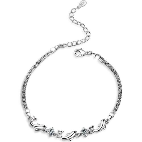 925 Sterling Silver Fashion Crystal Dolphin Pendant Charm Korean Bracelet &Bangle Handmade Wedding Jewelry For Women SL089