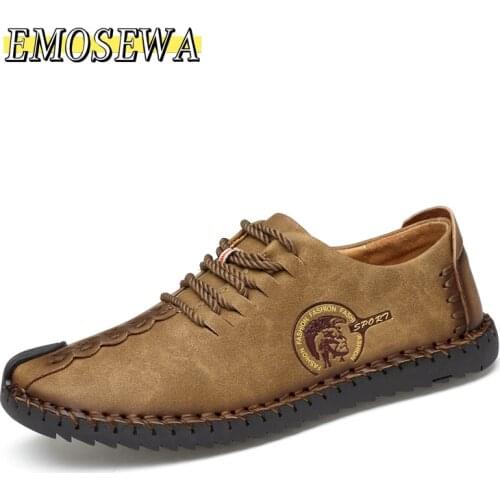 EMOSEWA Classic Men Casual Shoes Men Loafers Split Leather Shoes Men Flats Handmade Lace-up Hot Sale Moccasins Shoes Big Size 47